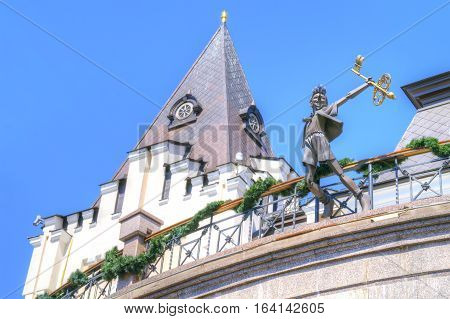 KIEV UKRAINE - May 10.2012: State academic theatre of dolls. Sculptures of fairy-tale personages. Buratino