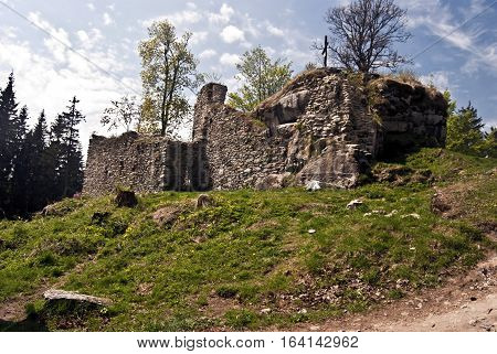 ruins of Vitkuv Hradek castle - highest castle in Czech republic - in eastern part of Sumava mountains near Lipno water reservoir with nice sky