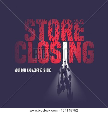 Store closing sale vector illustration background with open door and walking people. Template nonstandard banner flyer design element decoration for store closing clearance