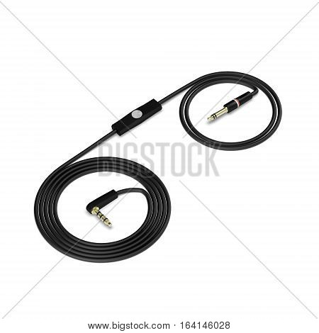 Black headphones cable isolated on white background 3d illustration render on a surface with shadows.