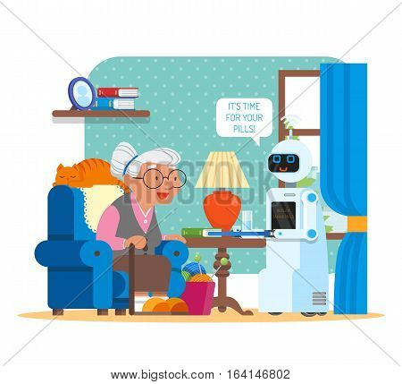 Vector illustration of home robot giving pills to grandmother. Robot assistant concept. Its time for your pills speech bubble. Cartoon characters and living room interior in flat design.