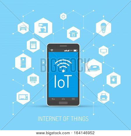 Internet of Things vector concept illustration. Smartphone with IoT lettering on screen. Household appliances, consumer electronics icons in hexagon. Home automation concept design element flat style