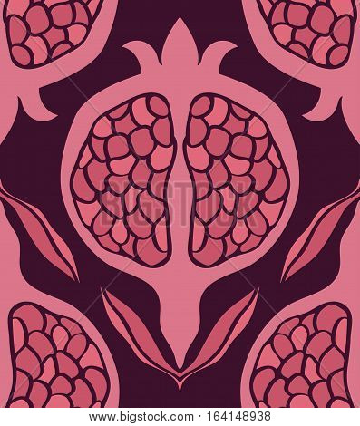 Purple and pink floral pattern. Seamless vector ornament with pomegranate. Stylized template for wallpaper textile linen bedspread curtain shawl tile carpet and any surface.
