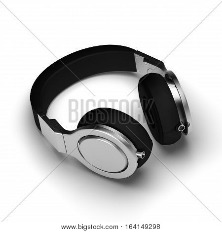 Black leather headphones isolated on white background 3d illustration render on a surface with shadows.