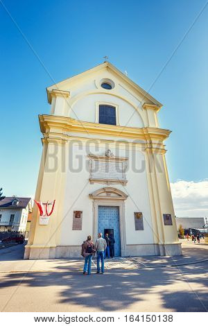 Vienna, Austria - 15 October, 2016: Tousists Visit St. Josefskirche At Kahlenberg In Vienna, Austria
