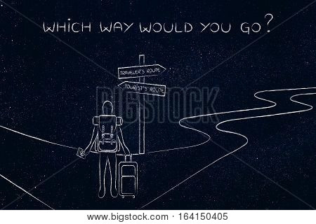 Traveler Or Tourist: Person With Backpack And Bag At Crosspath