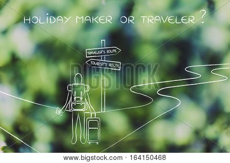 Traveler Or Tourist: Person With Backpack And Bag At Crosspath