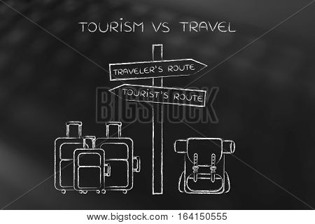 Traveler Or Tourist: Crosspath With Road Sign And Bags