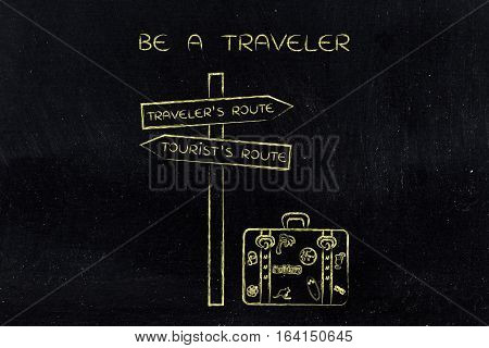 Traveler Or Tourist's Route: Crosspath With Road Sign And Bag