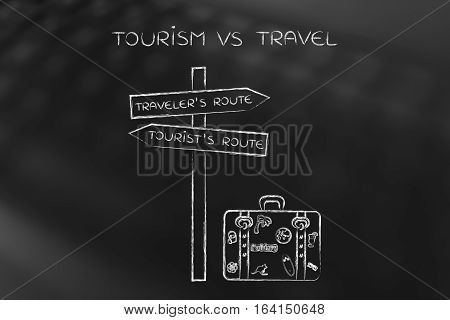 Traveler Or Tourist's Route: Crosspath With Road Sign And Bag