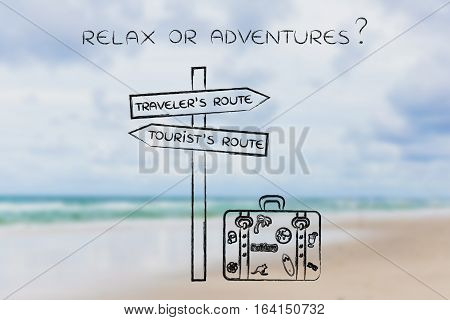 Traveler Or Tourist's Route: Crosspath With Road Sign And Bag
