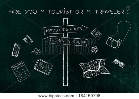 Traveler Or Tourist's Route: Crosspath Road Sign And Mixed Objects