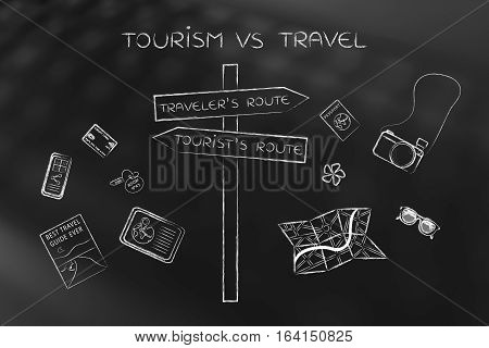 Traveler Or Tourist's Route: Crosspath Road Sign And Mixed Objects