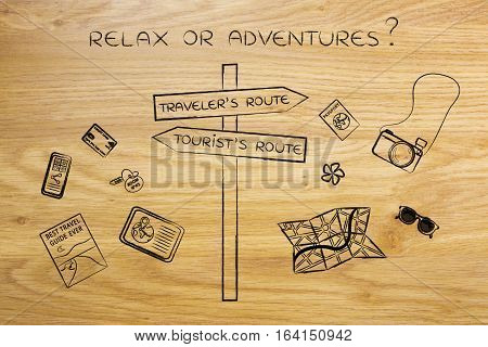 Traveler Or Tourist's Route: Crosspath Road Sign And Mixed Objects