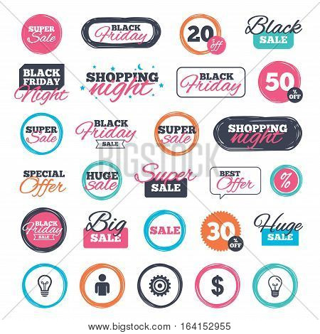 Sale shopping stickers and banners. Business icons. Human silhouette and lamp bulb idea signs. Dollar currency and gear symbols. Website badges. Black friday. Vector