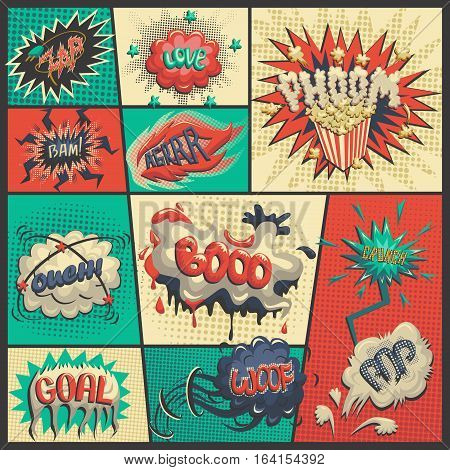 Vector set of comics icons. Explosion bubbles. Comic book explosion set