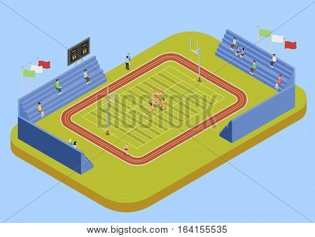 University sport complex american football stadium with public fans and cheerleaders performance isometric view poster vector Ilustration