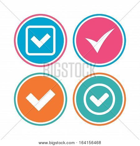 Check icons. Checkbox confirm circle sign symbols. Colored circle buttons. Vector
