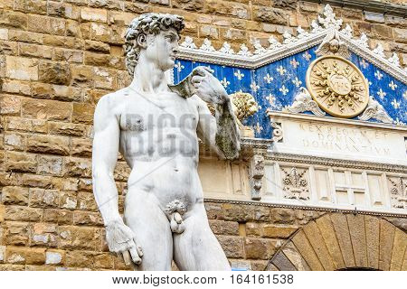 Statue of David in the Piazza della Signoria near Palazzo Vecchio. Florence, Italy.