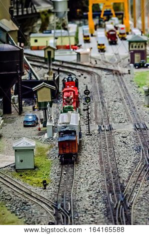 miniature toy model train locomotives on display