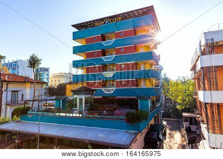 Rimini Italy - November 06 2013: Hotel New Clab. Inside the famous Italian seaside resort of Rimini hotels over five hundred