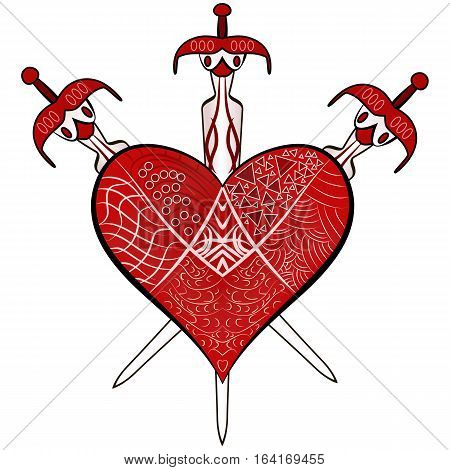 Red Valentines Day detailed ornaments heart and three swords vector illustration in Zen-tangle style