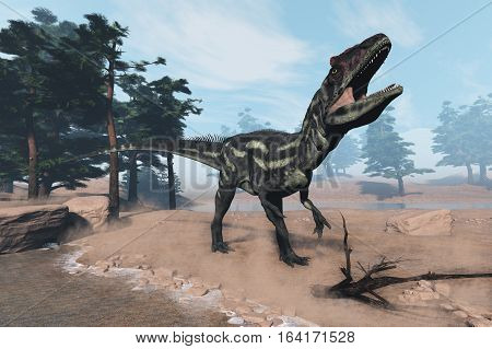 Allosaurus dinosaur walking and roaring on the shorefront next to pine trees by day - 3D render