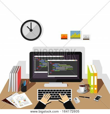Programming on computer. Software development or coding concept.