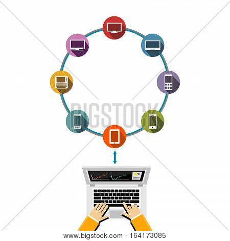 Connect to several computing devices. Share data each other on a cloud network concept