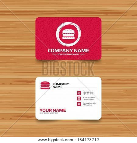 Business card template with texture. Hamburger icon. Burger food symbol. Cheeseburger sandwich sign. Phone, web and location icons. Visiting card  Vector