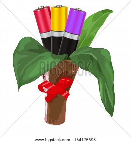 Environmental-friendly energy sources. Bouquet with green leaves or three AAA batteries in the form of flowers, isolated, white background