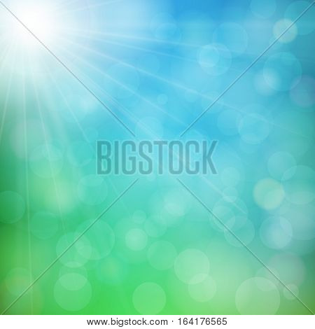 Abstract defocused nature background with blue and green blurred bokeh circles. Summer sun with light rays. Vector illustration.
