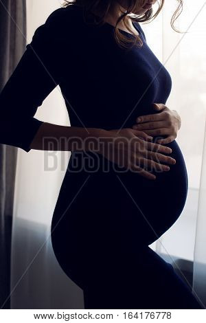 young pregnant girl in a blue bodycon dress standing at the window of the house