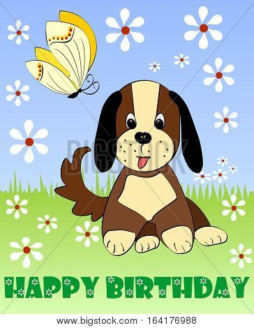 Happy Birthday Card, Children Party Billboard, Birthday Party Invitation With Cute Puppy And Yellow