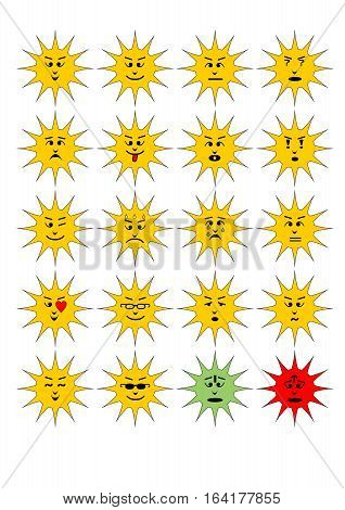 Set of sun shape emoticons collection of isolated vector emoji.
