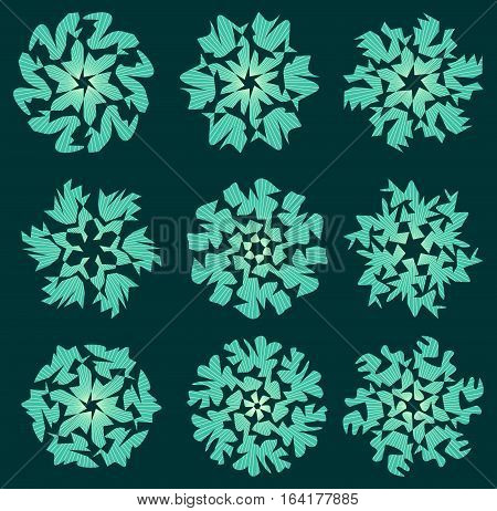 Gritty green star shapes abstract design elements with hatched parts