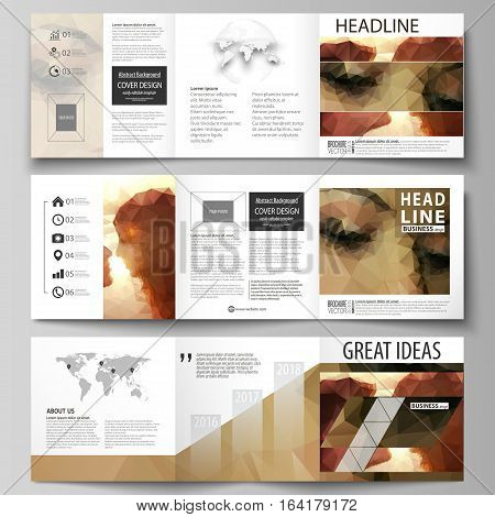 Set of business templates for tri fold square design brochures. Leaflet cover, abstract flat layout, easy editable vector. Romantic couple kissing. Beautiful background. Geometrical pattern in triangular style.