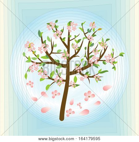 Tree with pink blossom spring theme on abstract blue background vector design element