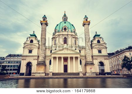 Evening View Of Famous Saint Charles's Church At Karlsplatz In Vienna, Austria