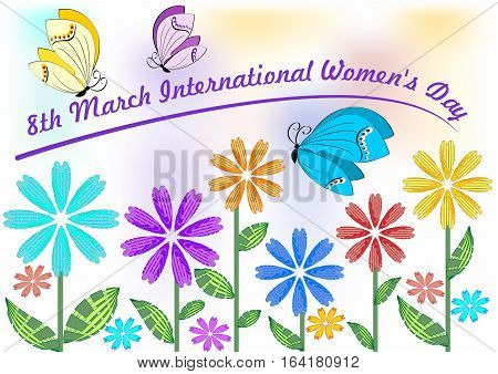International Women's Day in beautiful pastel colors with colorful flowers and butterflies. 8th March greeting billboard or placard useful for gift shop