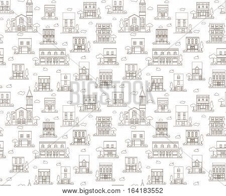 Flat Style Vector Monochrome Urban Scene Seamless Pattern