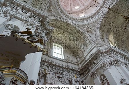 VILNIUS LITHUANIA - JULY 10 2015: Interior of church of Holy Apostles Peter and Paul (fragment of ambo) Vilnius Lithuania