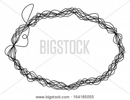 Single thread frame. One single line is eight times wrapped around and shaping an ellipse like a wire sculpture. Black illustration on white background. Vector.