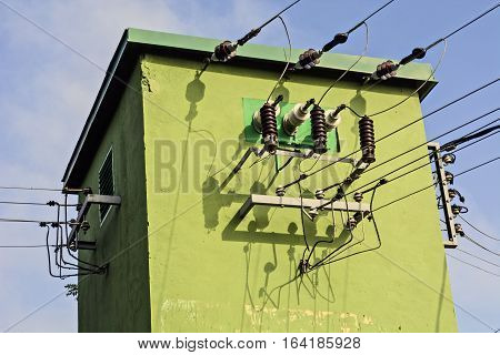 Old transformer built into a special green building.