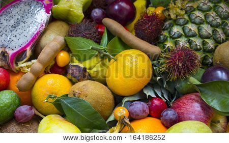 Background of many different fresh exotic fruits.