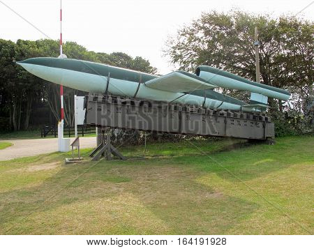 V1 Nazi flying bomb on a section of launch ramp
