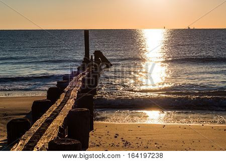 Dock pilings at sunrise at Buckroe Beach in Hampton, Virginia.