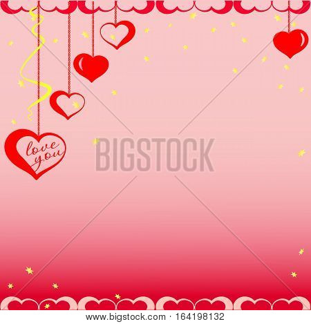 Red hearts on chains with gold stars. Vector illustration