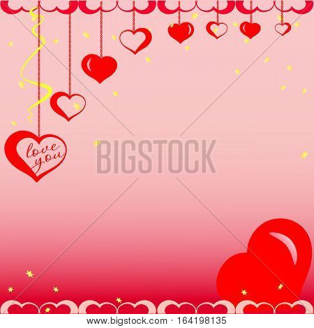 Red hearts on chains with gold stars. Vector illustration
