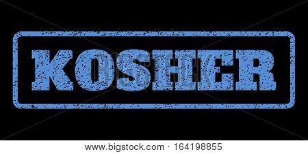 Blue rubber seal stamp with Kosher text. Vector message inside rounded rectangular frame. Grunge design and dust texture for watermark labels. Horisontal sticker on a black background.